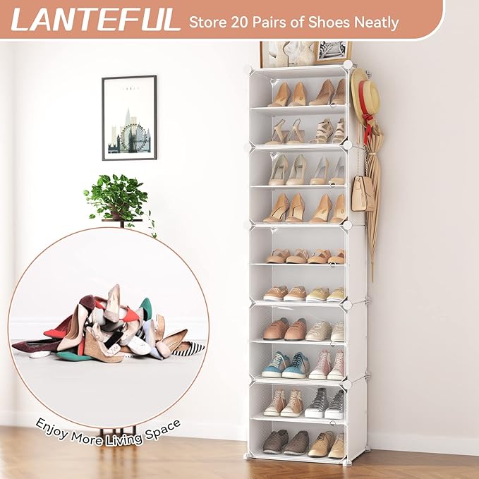 LANTEFUL 10 Tier Shoe Storage Cabinet with Door, Portable Narrow Organizer Rack for 20 Pairs, White Plastic with Hooks for Entryway or Bedroom