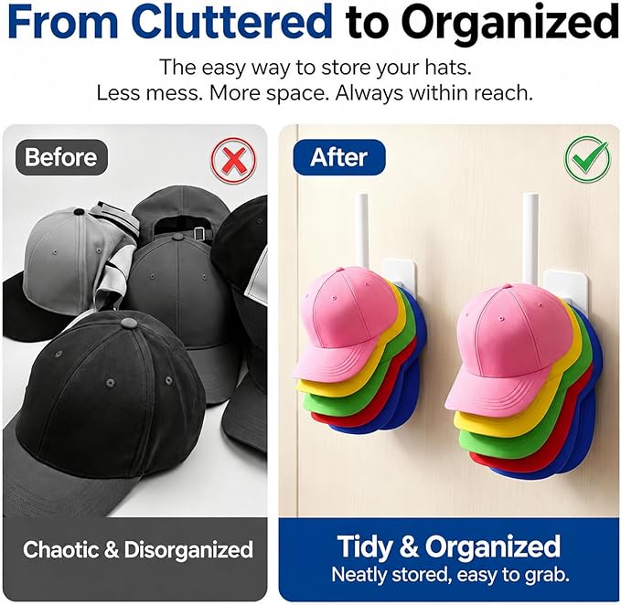 Hat Organizer 4 Pack, Hat Rack for Baseball Caps Holds 10+ Caps Each, Hat Hooks for Wall, Strong Adhesive & Screw Mount Hat Holder, Space Saving Storage for Closet Door Bedroom, RV Accessories, White