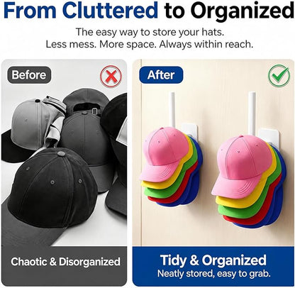 Hat Organizer 4 Pack, Hat Rack for Baseball Caps Holds 10+ Caps Each, Hat Hooks for Wall, Strong Adhesive & Screw Mount Hat Holder, Space Saving Storage for Closet Door Bedroom, RV Accessories, White