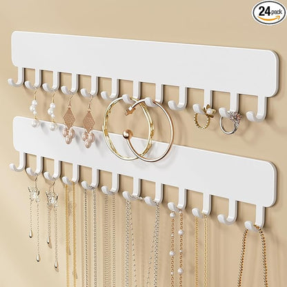 Wall-Mounted Jewelry Organizer, Self-Adhesive Hanging Holder with Hooks for Necklaces, Bracelets, Earrings - Display Storage for Women, 2PCS,White