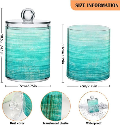 Grunge Turquoise Teal Wood Qtip Dispenser Apothecary Jars Farmhouse Green Bathroom Qtip Holder Storage Canister Plastic Jar 10 Oz for Cotton Ball Swab Round Pads Floss 4pcs