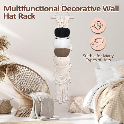 SelfTek 1 Pack Hat Organizer for Baseball Ca-ps, Macrame Hat Holder For Wall, Hat Racks for Wall Door, Boho Hat Hanger Decorative Hat Storage for Baseball C-aps [ Up to 12 C-aps ]