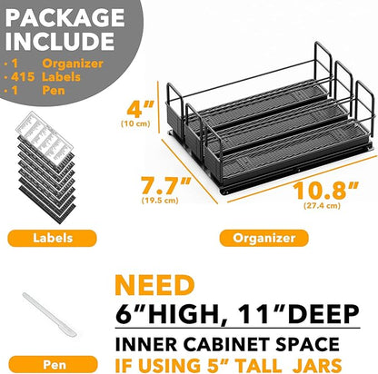 SpaceAid Pull Out Spice Rack Organizer for Cabinet, Heavy Duty Slide Out Seasoning Kitchen Organizer, Cabinet Organizer, with Labels, 7.7" W x10.75 D x4 H, 3 Drawers 1-Tier