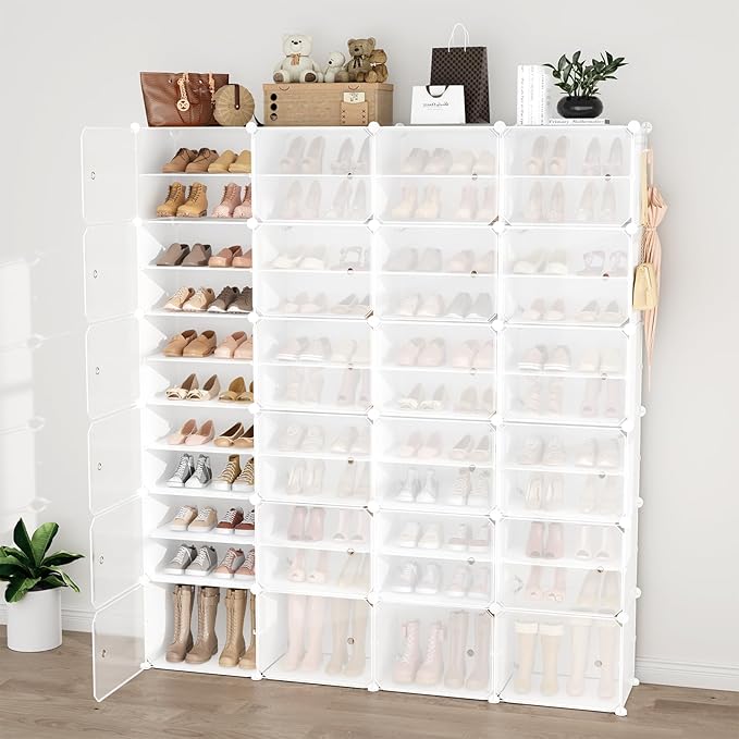 Portable Shoe Rack Organizer with Door, 96 Pairs Shoe Storage Cabinet Easy Assembly, Plastic Adjustable Shoe Storage Organizer Stackable Detachable Free Standing DIY Expandable 12 Tier White