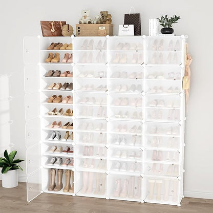 Portable Shoe Rack Organizer with Door, 96 Pairs Shoe Storage Cabinet Easy Assembly, Plastic Adjustable Shoe Storage Organizer Stackable Detachable Free Standing DIY Expandable 12 Tier White