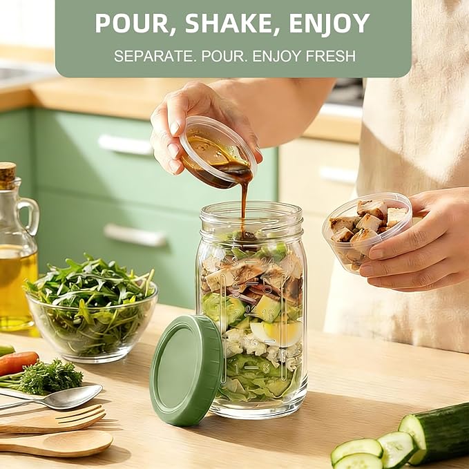 6 Pack Glass Salad Jars with Dressing Cups for Meal Prep, 32oz Leakproof Mason Jars Container with 2 Built-in Compartments for Wet/Dry Separation, Portable Salad Pod for Lunch (6)