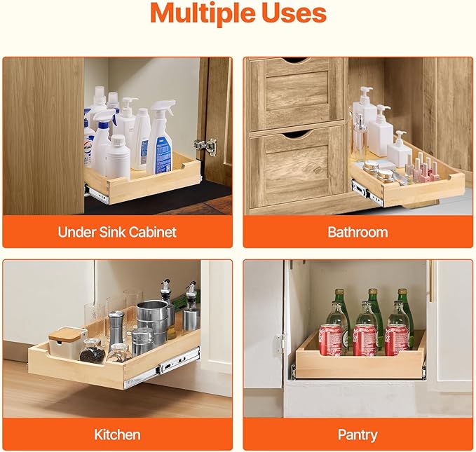 VEVOR Pull Out Cabinet Organizer, 14"W x 21"D Cabinet Drawer, Soft Close Slide out Shelf, Heavy-Duty Sliding Wood Drawer, Bottom Mount Size（14.5"W x 23"D）and Side Mount Size（15"W x 23"D）