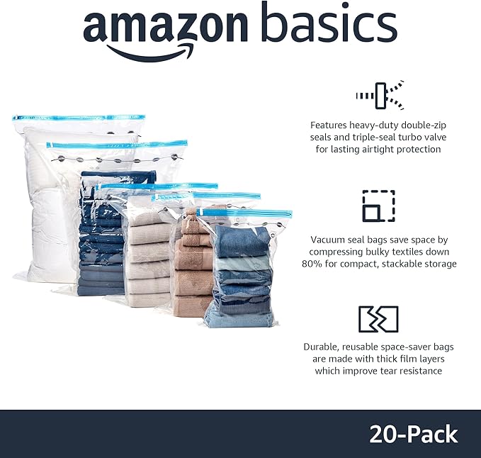 Amazon Basics Vacuum Storage Bags with Hand Pump for Travel, Space Saving Compression Bags for Clothes, Clothing, Blankets and Duvets, Clear, 20 Pack (5 Small, 5 Medium, 5 Large & 5 Jumbo)