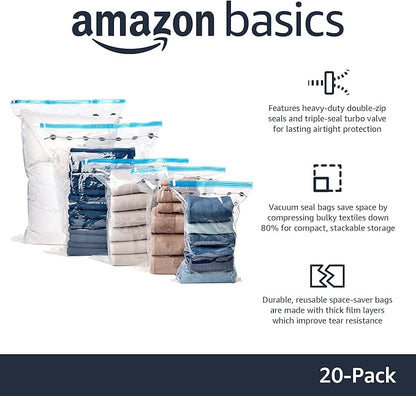 Amazon Basics Vacuum Storage Bags with Hand Pump for Travel, Space Saving Compression Bags for Clothes, Clothing, Blankets and Duvets, Clear, 20 Pack (5 Small, 5 Medium, 5 Large & 5 Jumbo)