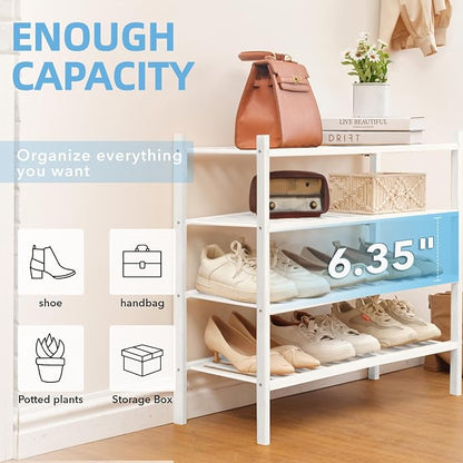 4 Tier Bamboo Shoe Rack Storage Organizer for Closet, Multifunctional Stackable Free Standing Shoe Shelf Organizer for Small Space,Entryway, Hallway, Bathroom27 x11 x26(White, 4 Tier)