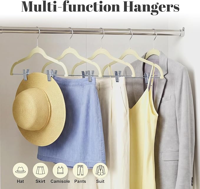 HOUSE DAY Velvet Skirt Hangers 12 Pack, Beige Velvet Pant Hangers with Adjustable Clips, Space Saving Slim Shorts Hanger, Heavy Duty Non Slip Clip Hanger for Pants, Skirts, Shorts