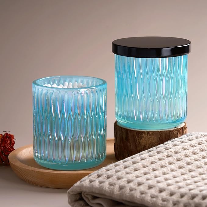 Qtip Holder for Bathroom set of 2, Clear Glass Apothecary Jars with Lids, Bathroom Canisters for Cotton Balls,Swabs,Floss Picks,Hair Ties,Vanity Organizer and Storage,Vintage Decor (Blue)