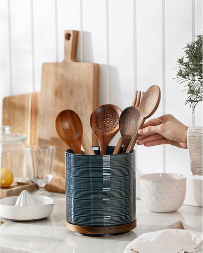 Utensil Holder, 360° Rotating Extra Large Ceramic Kitchen Utensil Holder for Countertop, 7.3“ Cooking Utensil Crocks for Kitchen Counter with Rotatable Wooden Base, Farmhouse Decor, Dusty Blue