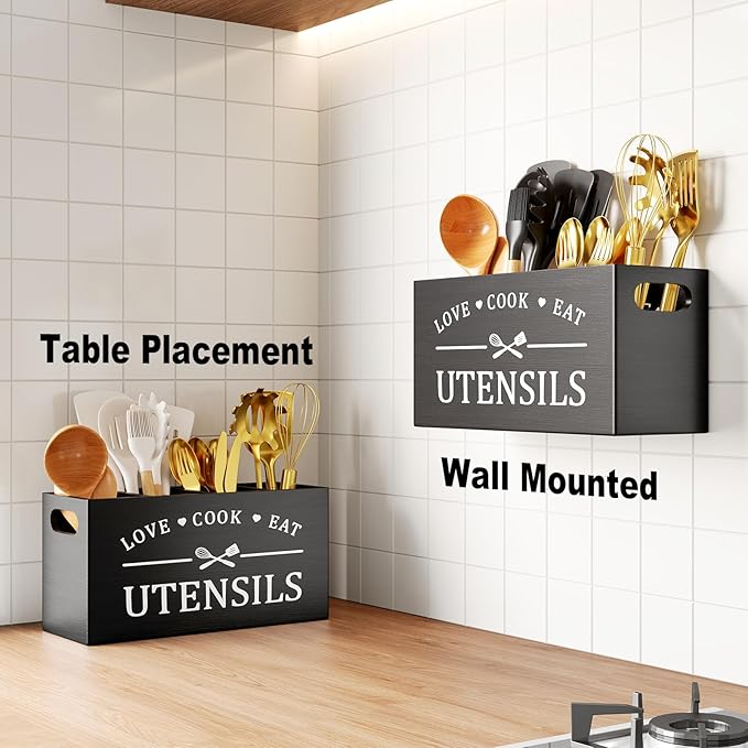 Extra Large Utensil Holder for Kitchen Counter with 4 Compartments, Kitchen Cooking Utensils Holder for Countertop,Black Wooden Utensil Caddy for Farmhouse Spatula,Cutlery,Wood Wall Mounted Organizer