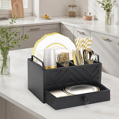 Paper Plate Dispenser with Drawer, country style Wood Kitchen Counter, Picnic, Party, Camping - Caddy Organizer for Cups, Spoons, Forks, Plates, office supplies, Napkins & Silverware（Black）