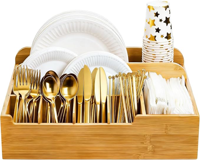 Frcctre Bamboo Utensil Caddy Organizer, 8 Compartments Large Paper Plate Holder, Adjustable Utensil Holder Silverware Cutlery Organizer for Plate Cup Fork Spoon Napkin, 16" L x 13" W x 5.5" H
