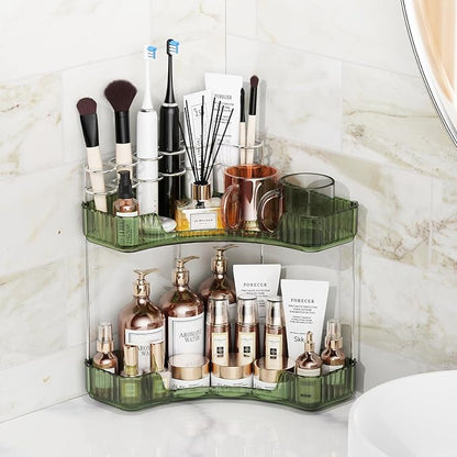 Asayuee 2-Tier Corner Bathroom Counter Organizer with Top Toothbrush Holders,Large Makeup Organizer Countertop with Brush Holder,Skincare Organizers Corner,Exquisite Vanity Organizer(Green, 2 Tier)