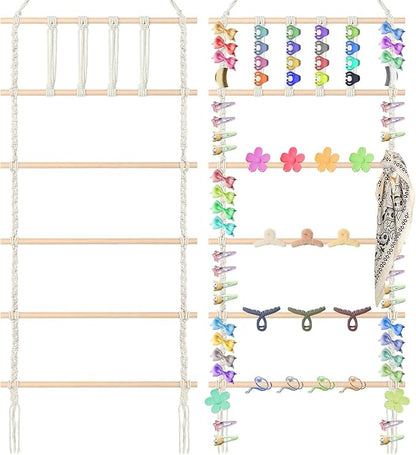 Geetery Macrame Hair Claw Clip Organizer Boho Hanging Hair Clip Holder and Storage for Women Large Headband Holder Organizer for Room Wall Door Closet