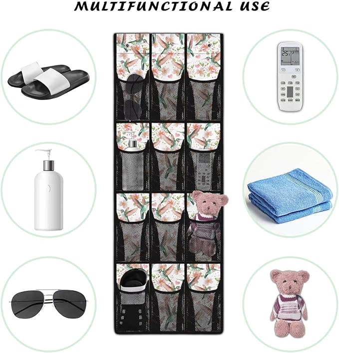 12 Large Mesh Pockets Hummingbird Over the Door Shoe Organizer Sturdy Oxford Fabric Hanging Shoe Rack for Door Shoe Organizer Door Hanger
