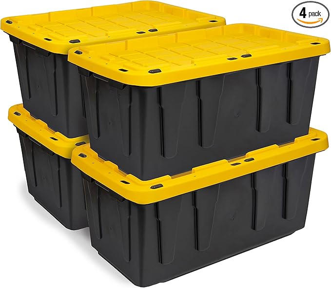 BLACK & YELLOW 17-Gallon Heavy Duty Storage Bins with Lids, Stackable Plastic Storage Bins with Weather-Resistant Design, Home Organization, 4 Pack (12.5H x 18W x 26.9D)