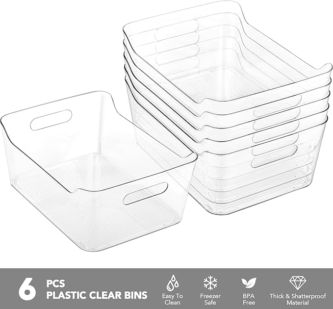 Tiawudi 6 Pack Plastic Storage Bins, Extra Large Pantry Organizer, 13.5" x 10" Clear Storage Containers and Organizer Bins, Multi-Use Bins for Home, Kitchen, Closet and Cabinet