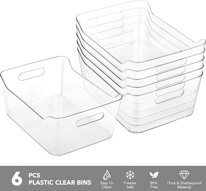 Tiawudi 6 Pack Plastic Storage Bins, Extra Large Pantry Organizer, 13.5" x 10" Clear Storage Containers and Organizer Bins, Multi-Use Bins for Home, Kitchen, Closet and Cabinet