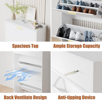 JOZZBY Shoe Cabinet for Entryway, Narrow White Shoe Storage Cabinet with 2 Flip Drawers, Wooden Hidden Shoe Rack Organizer with 2 Tier Freestanding for Hallway, Living Room, Set of 2
