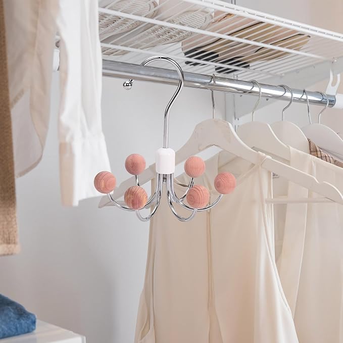 6-Wooden Balls Space Saving Hangers, Multipurpose 360° Swivel Hanger for Closet, Rotatable Wardrobe Hooks, Hanging Holder Organizer for Purse, Belt, Scarf, Bra, Hat and Tie Storage (Pink)