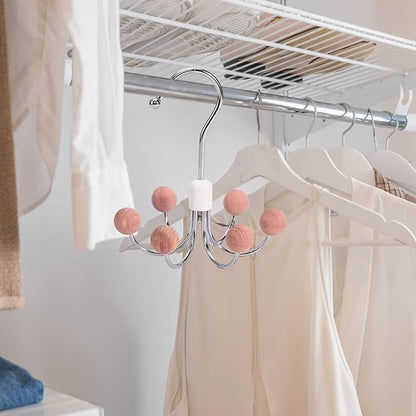 6-Wooden Balls Space Saving Hangers, Multipurpose 360° Swivel Hanger for Closet, Rotatable Wardrobe Hooks, Hanging Holder Organizer for Purse, Belt, Scarf, Bra, Hat and Tie Storage (Pink)