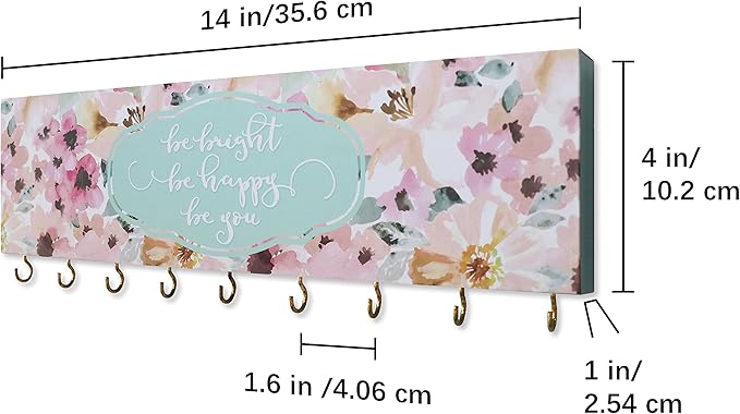 SANY DAYO HOME Be Bright Be Happy Be You Wall Mount Necklace Holder Organizer with 9 Jewelry Hooks for Ring, Hair Bow, Headband, Purse - Wall Decor for Girls Room
