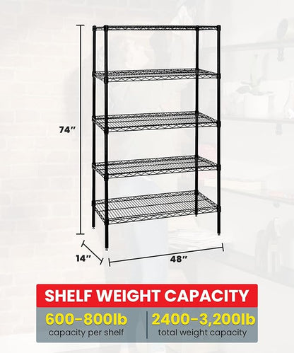 Quantum Storage Systems WR74-1448BK Wire Shelving Starter Kit, 48" W x 14" D x 74" H, 600 lbs Capacity, Carbon Steel, Epoxy Coated, Black, NSF