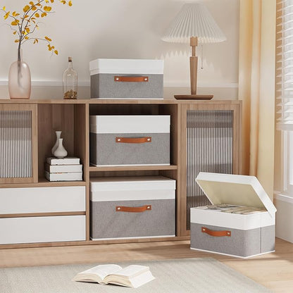 Fabric Storage Bins with Lids, Linen Collapsible Boxes, Storage Baskets with Double Handles, White and Grey, 5 Pack, 13 x 9.1 x 7.9 Inch