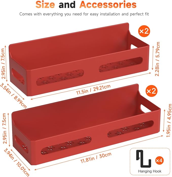 Sevenblue 4 Pack Strong Magnetic Spice Rack for Refrigerator, Multipurpose Magnetic Shelf for Fridge with 4 Hooks for kitchen and Bathroom Organization, Red