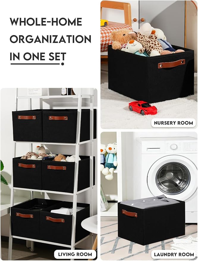 Fabric Storage Bins (15x11x9.5”) – Reinforced 2.5mm Cardboard Shelf Bins with PU Leather Handles – [6-Pack] Durable Storage Baskets for Closet Organization, Toy Organizer, & Home Office – Black