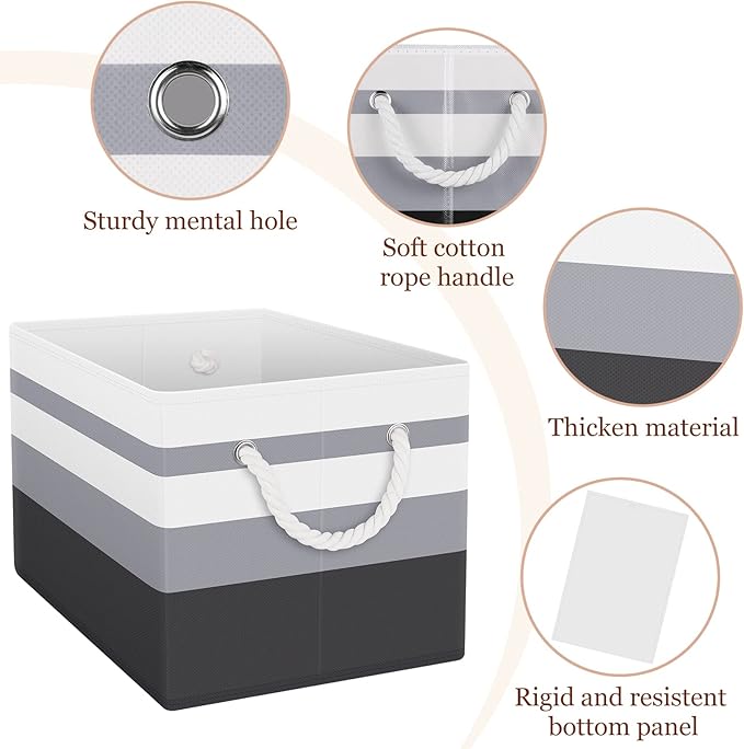 Fab totes Storage Bins 6-Pack, Foldable Storage Baskets for Organizing Toys, Books, Shelves, Closet, Large Storage Box with Rope Handles, Sturdy Organizer Bins,Gradient Grey