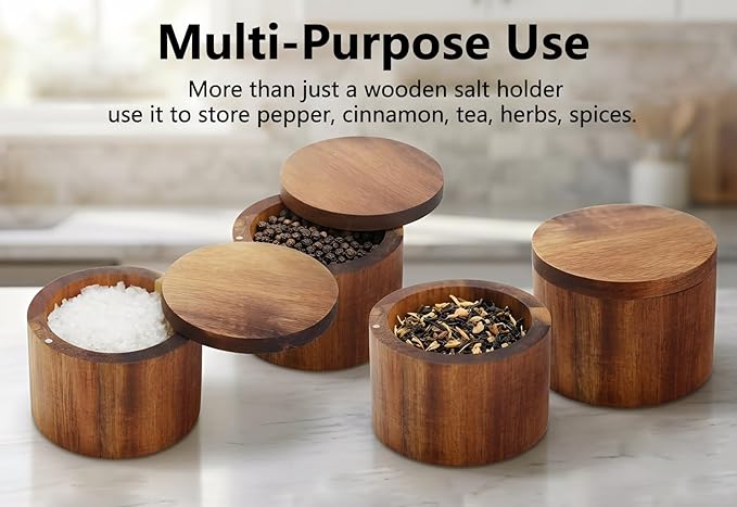 Acacia Salt Cellar, Wood Salt Box With Swivel Cover, Spice Keeper, 7oz Wood Jar For Kitchen, Perfect For Keeping Table Salt, Gourmet Salts, Herbs or Favorite Seasonings