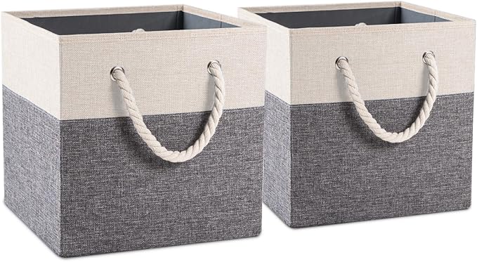 PRANDOM Large Foldable Cube Storage Bins 11x11 inch [2-Pack] Fabric Linen Storage Baskets Cubes Drawer with Cotton Handles Organizer for Shelves Nursery Closet Bedroom White and Grey