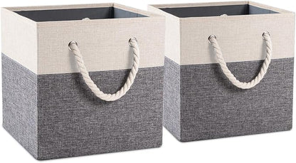 PRANDOM Large Foldable Cube Storage Bins 11x11 inch [2-Pack] Fabric Linen Storage Baskets Cubes Drawer with Cotton Handles Organizer for Shelves Nursery Closet Bedroom White and Grey
