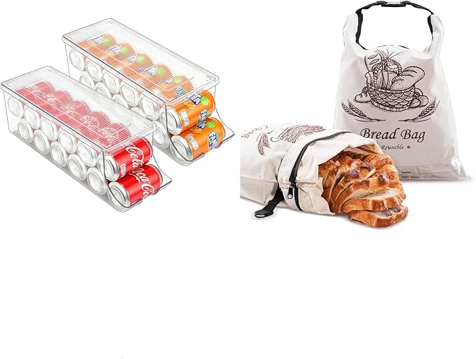 Puricon Soda Can Organizer Dispenser for Refrigerator Bundle with Reusable Beeswax Bread Bags for Homemade Bread