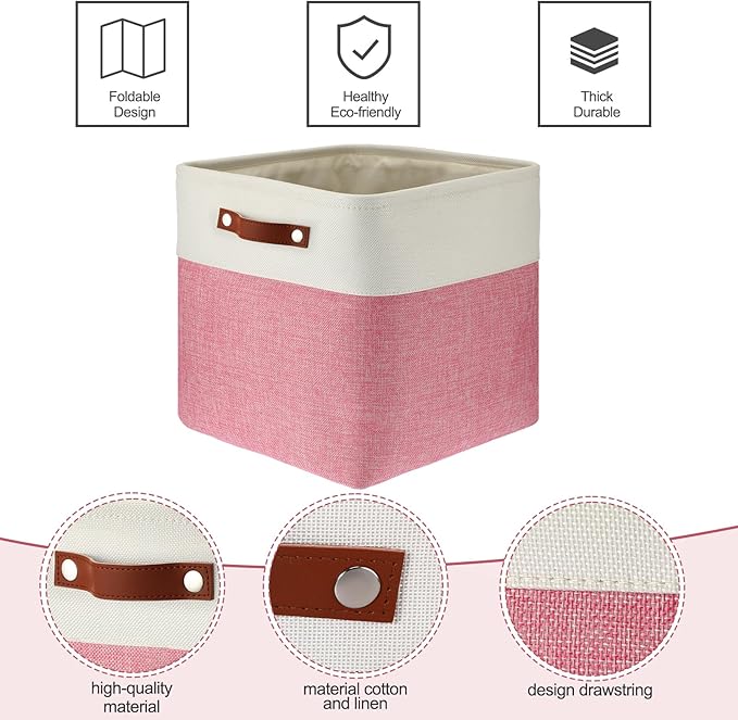 Uiifan 8 Pack 12 x 12 x 12 Inch Large Storage Baskets Collapsible Fabric Storage Cubes Bins with Handles for Shelves Closets Nursery Home Clothes Toys Organizers, Pink