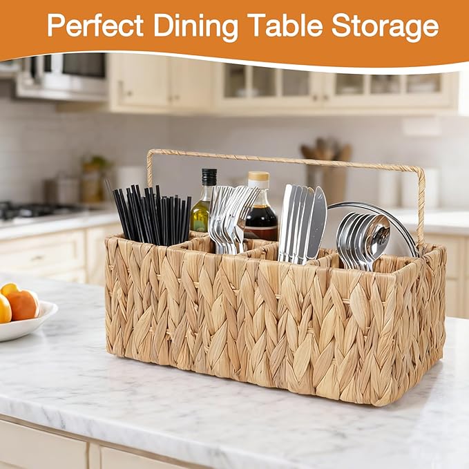 Wicker Silverware Organizer Basket,Hand Woven Kitchen Utensil Holder with Handles,Flatware Storage Caddy for Countertop Dining Picnic Party Table,Natural Cutlery Caddy for Plates,Napkins&Utensils