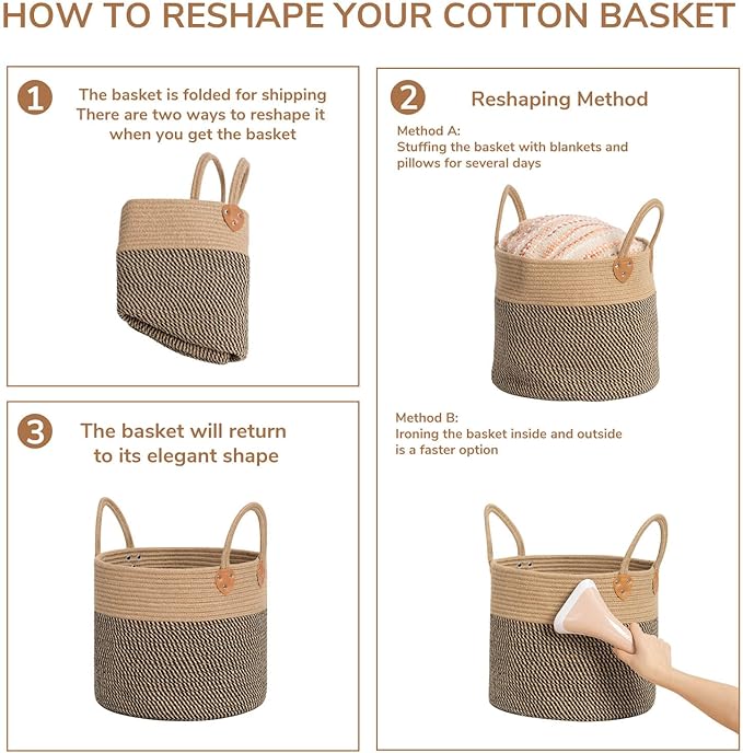 CHICVITA Wicker Laundry Basket With Handles, Storage Baskets for Decor, Rope Basket for Blankets, Toys, Clothes, Shoes, Plant Basket for Living Room, 14" X 14" X 12"