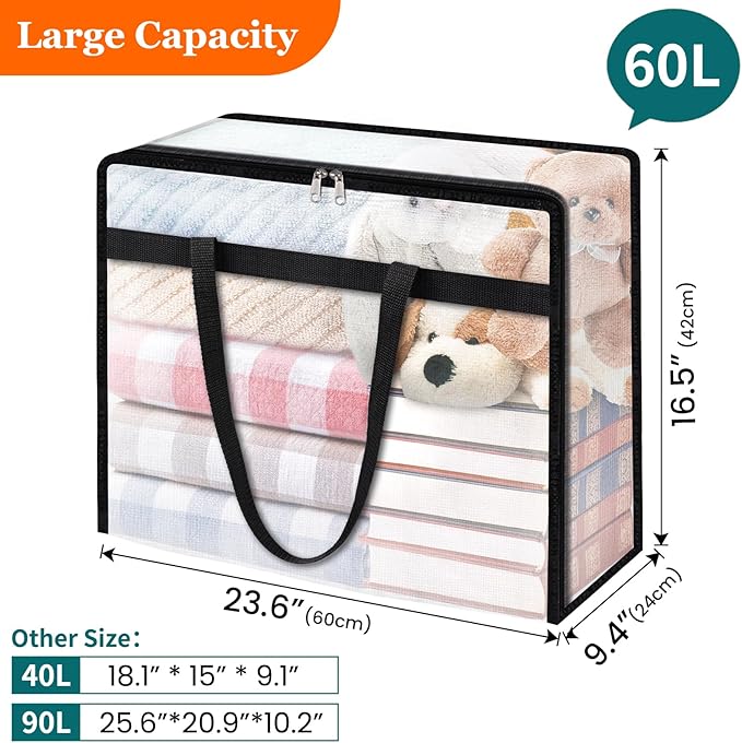 TasticTotes 4 Pack Clear Storage Bags for Comforter, Clothes & Bedding, Plastic Blanket Storage with Zipper and Handle, Moving Bags, Closet Organizer and Under-Bed Storage (60L)