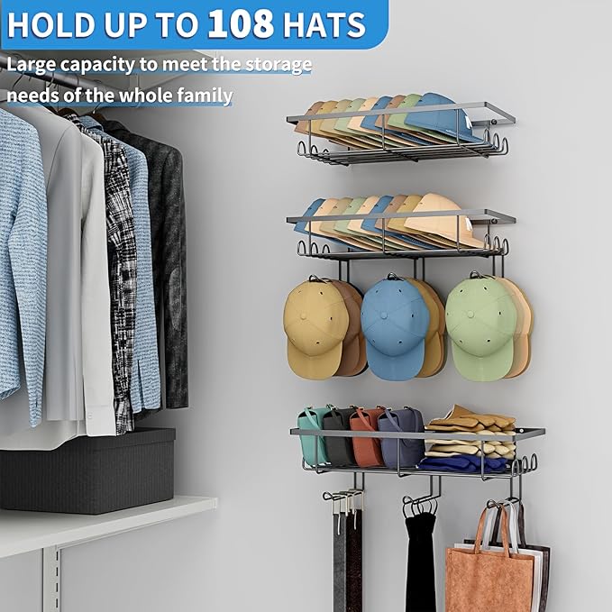 3 Packs Wall Hat Organizers with Multiple Hooks, Metal Hat Racks for Baseball Caps, Hat Storage Holders Up to 108 Caps for Closet, Entryway,Black
