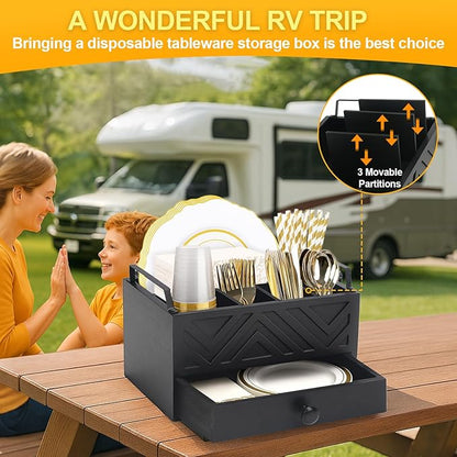 Paper Plate Dispenser with Drawer, country style Wood Kitchen Counter, Picnic, Party, Camping - Caddy Organizer for Cups, Spoons, Forks, Plates, office supplies, Napkins & Silverware（Black）
