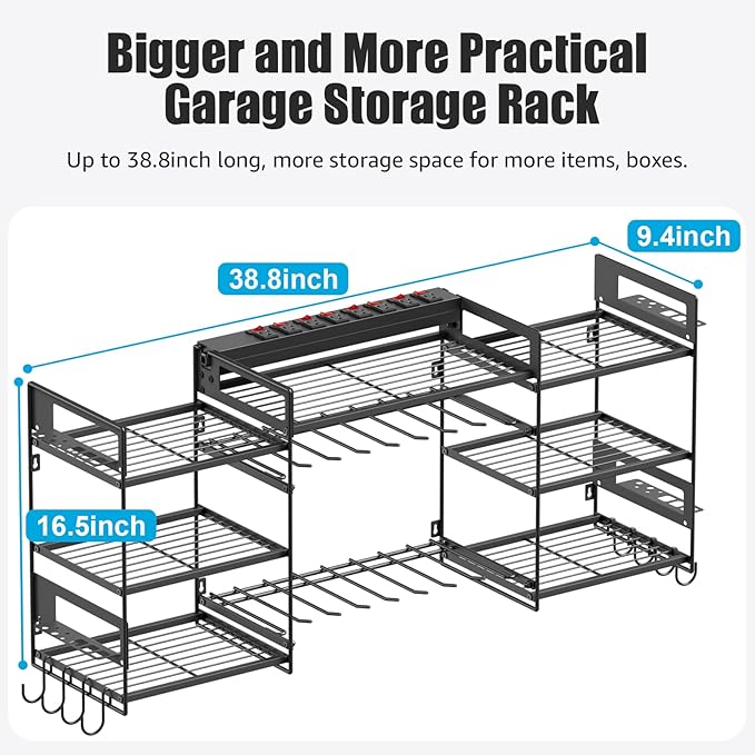 CCCEI Black Power Tool Organizer Wall Mount, Large Tools and Battery Storage Rack Charging Station Individual Switches. Drills Holder, Garage Utility Shelves with 10FT Power Strip. Gift for Men.