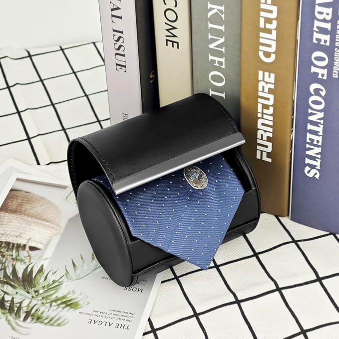 Leather Tie Case Box Organizer for Men's Necktie and Bow Tie Storage Travel Gift Box (long button, Black, 4.3" x 3.3" x 3.3")