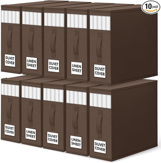 WOWBOX Sheet Organizers and Storage,Closet Bed Sheet Organizer Under Bed Storage and Organization with Label Cards & Clear Window for Bedding Sheets,Duvet Covers,Blankets (10 Pack，Brown)