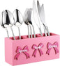 Patelai Pink Bow Wood Flatware Silverware Caddy for Countertop Small Decorative Christmas Utensil Holder Kitchen Counter with 3 Compartment Farmhouse Knife Spoon and Fork Holder for Party Kitchen