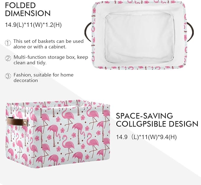 Pink Flamingos Storage Basket Bin, Large Cube Storage Box Canvas Collapsible Storage Organizer for Home Office Closet - 15 L x 11 W x 9.5 H